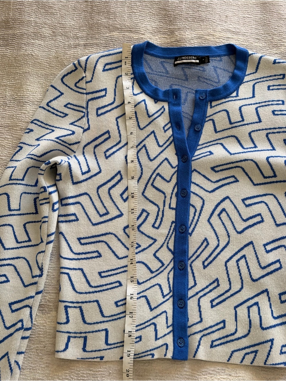 J.Lindeberg White Cardigan Jacket with Blue Geometric Trim, Size S - Picture 10 of 11
